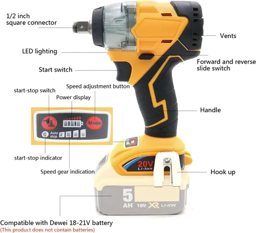 Miniatura 2 de Llave de impacto inalámbrica de 20 V y 1/2 pulgada sin escobillas, par máximo de 350 pies-libras, ajuste de 4 velocidades, inicio y parada