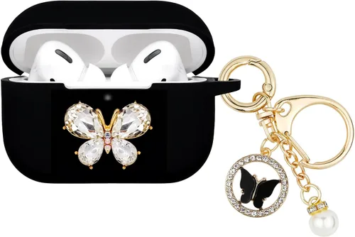 Miniatura 7 de Wonhibo Funda para Airpods Pro, bonita funda de diseño de mariposa para Airpod Pro 2019 con llavero para mujeres y niñas (rosa)
