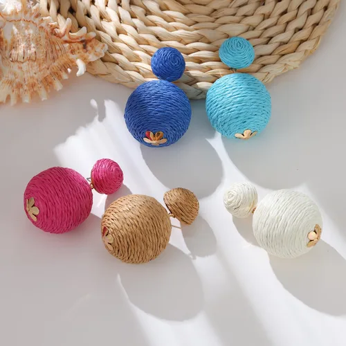 Miniatura 4 de Pendientes de rafia llamativos para mujeres y niñas, hechos a mano, farol de rafia, aretes colgantes de ratán, regalos de joyería de verano bohemios