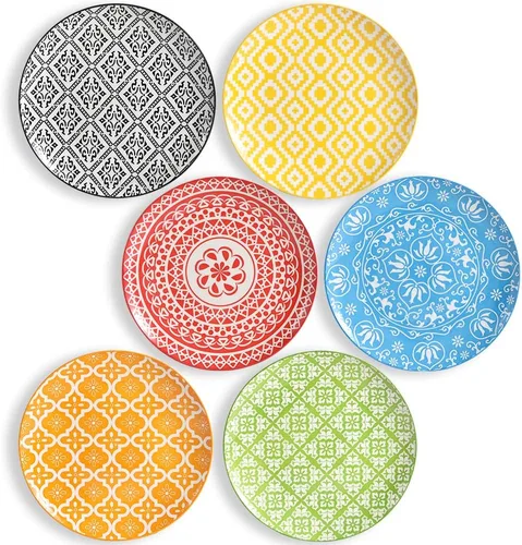 Miniatura 12 de Juego de 6 platos de postre de 8 pulgadas de cerámica para ensalada y aperitivos - Colores vibrantes para mezclar y combinar - Aptos para Mándala