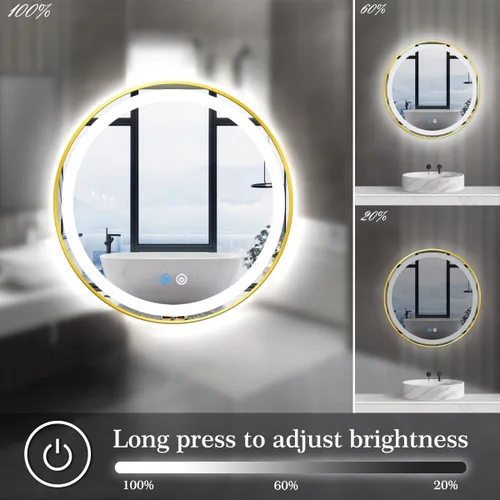 Miniatura 3 de Espejo de tocador redondo dorado con luces, luz frontal regulable de 3 colores, marco dorado de 16 pulgadas, espejo redondo iluminado para baño
