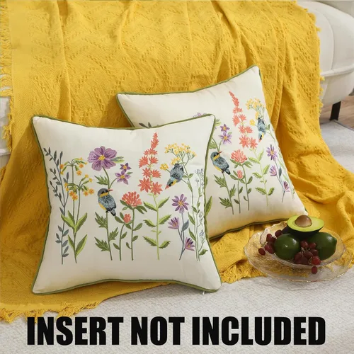 Miniatura 5 de Juego de 2 fundas de almohada bordadas de 16 x 16 pulgadas, diseño vintage de pájaros con flores, fundas de almohada de granja para almohada, fundas