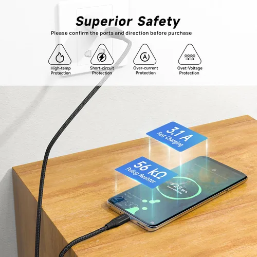 Miniatura 4 de Cable USB tipo C [4 unidades de 10 pies] USB 3A cable de carga rápida trenzado compatible con Samsung Galaxy A10e A20 A50 A51 A71, S10 S9 S8 Plus