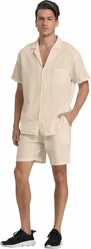 Miniatura 4 de RPOVIG Conjunto corto de camisa de lino conjunto casual de 2 piezas para hombre