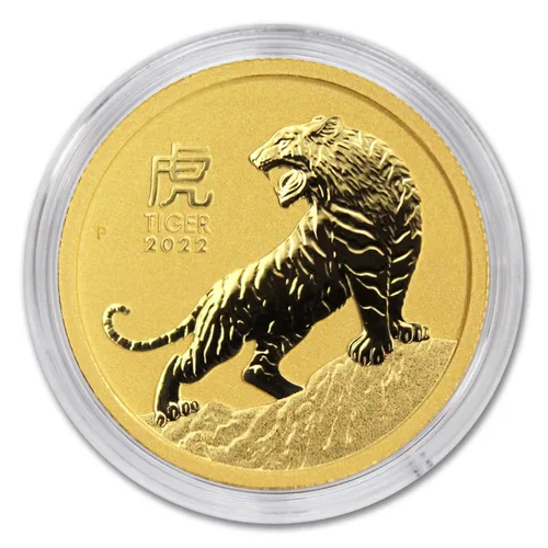 Miniatura 2 de 2022 P 1/20 oz Moneda de oro australiana de la serie lunar III año del tigre brillante sin circular (BU) en cápsula con certificado de autenticidad