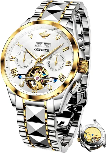 Miniatura 12 de OUPINKE - Reloj automático para hombre, diseño de esqueleto de diamante mecánico de cuerda automática, lujo, reloj de pulsera de cristal de zafiro