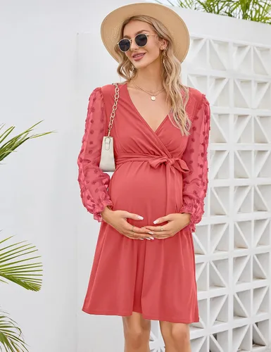 Miniatura 3 de Vestido de maternidad de manga larga con lunares suizos, cuello en V, para otoño, casual, bohemio, vestido midi para baby shower, sesión de fotos