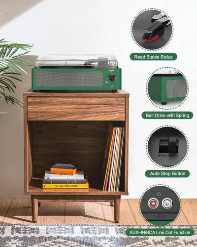 Miniatura 5 de Tocadiscos de vinilo con altavoces, receptor inalámbrico de 3 velocidades, fonógrafo LP de transmisión por correa, auriculares AUX RCA, parada Verde