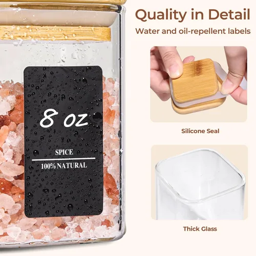 Miniatura 6 de ComSaf 6 piezas de 8 oz de tarros de especias con etiquetas de prueba, juego de tarros de vidrio para especias con tapas de bambú, paquete de prueba
