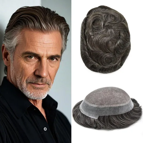 Miniatura 28 de Monofilamento fino para hombre, sistema de cabello humano Remy, piel de polietileno transparente alrededor del postizo de monofilamento, peluca