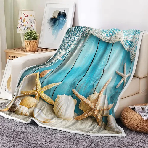 Miniatura 8 de JAWO Manta de playa, manta de viaje con decoración de playa azul océano, acogedora manta de franela cálida de microfibra para sofá, cama, sala