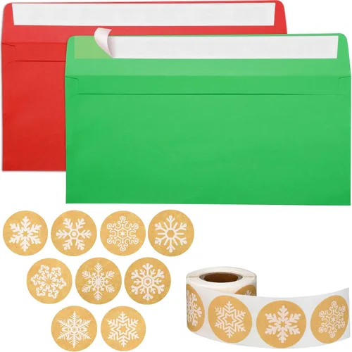 100 Sobres Número 10 Sobres para Tarjetas de Regalo con 200 Calcomanías de Copos de Nieve de Papel Kraft de Navidad Calcomanías del Día de San