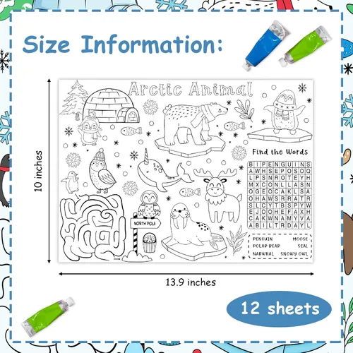 Miniatura 2 de Serencatcher 12 manteles individuales de animales árticos para colorear, manteles individuales de invierno para actividades de mesa de niños