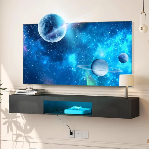 Soporte flotante para TV montado en la pared con toma de corriente, moderno centro de entretenimiento flotante para TV de 70 pulgadas, estante