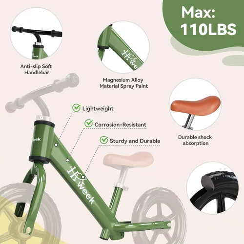 Miniatura 6 de Bicicleta de equilibrio para niños pequeños HAWEEK de 12 pulgadas, bicicleta de entrenamiento sin pedales para niños de 24 meses a 5 años, ajustes