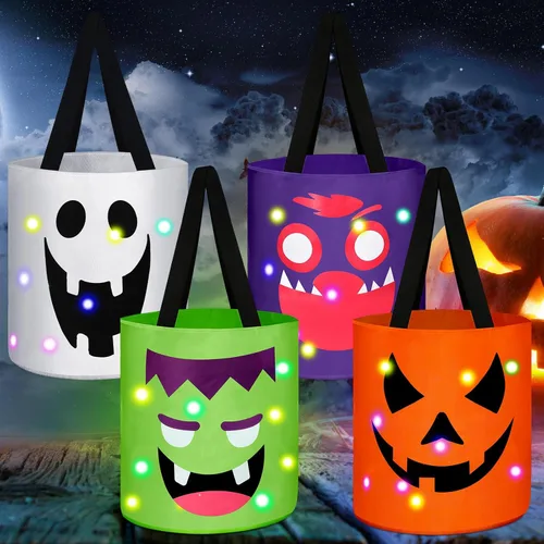 Miniatura 13 de Yaomiao 4 cubos de Halloween para niños con luz LED para dulces de calabaza, cestas de regalo reutilizables para suministros de fiesta (colorido)