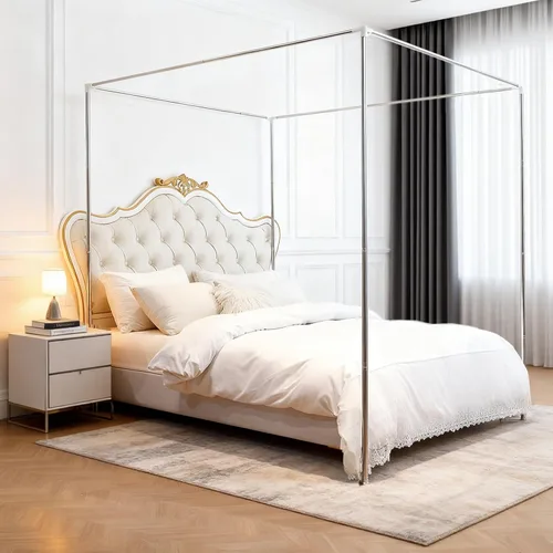 Miniatura 5 de Akiky Postes de cama de acero inoxidable, marco de metal de 4 postes de esquina, soporte de marco de cama para cama de metal y madera