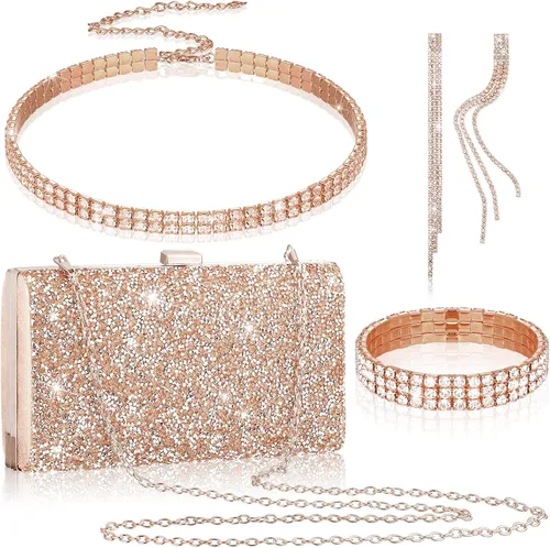 Miniatura 12 de Kigeli 4 Pieces Women Rhinestone Evening Clutch Bag Bling Earring Necklace Bracelet for Wedding Graduation Prom