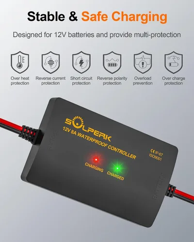 Miniatura 5 de SOLPERK - Cargador de batería solar de 15 W 12 V, panel solar impermeable + controlador de carga de 8 A de actualización + soporte de montaje