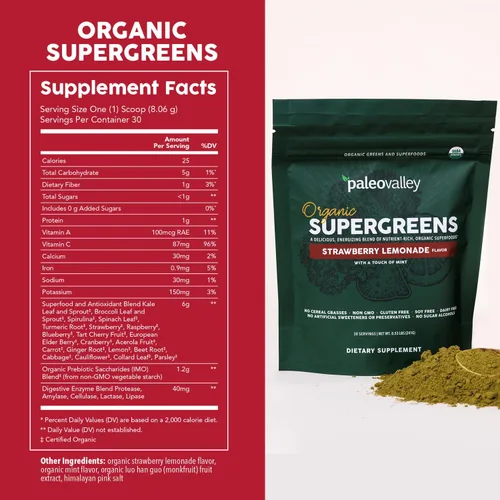 Miniatura 2 de Paleovalley Organic Supergreens - Superalimento orgánico en polvo de verduras para apoyo inmunológico - Mezcla de polvo verde paleo - 30 porciones