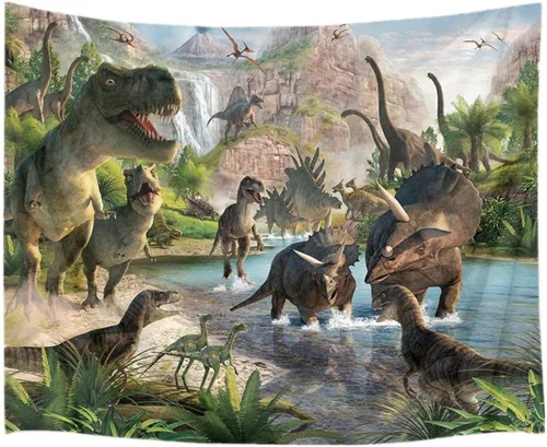 HVEST Tapiz de dinosaurio salvaje y antiguo depredador para colgar en la pared, bosque tropical con árboles verdes y montañas, tapices de pared para