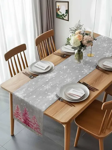 Miniatura 3 de Camino de mesa de Navidad de otoño de 90 pulgadas de largo, árbol de Navidad, fondo gris, duradero, lavable, camino de mesa de cocina para Árbol