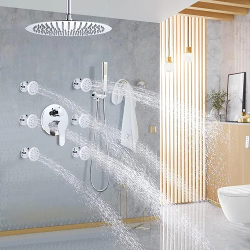 Miniatura 9 de Aerosol corporal de ducha con chorros redondos de ducha de latón macizo y apagado, 6 boquillas de pared para cabezal de ducha de masaje, el flujo se