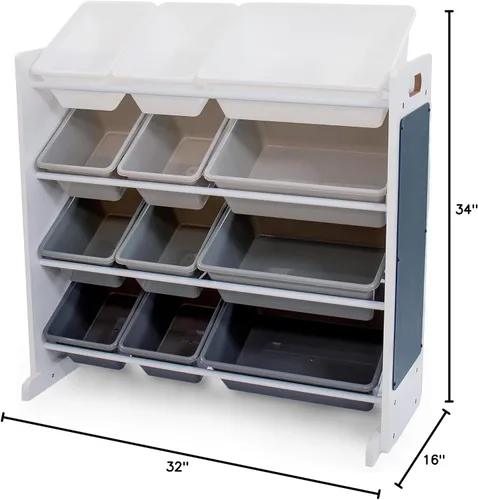 Miniatura 3 de Organizador de juguetes de 12 compartimentos – Marco degradado blanco/gris con pizarra, borrador y tiza, almacenamiento de varios niveles para salas