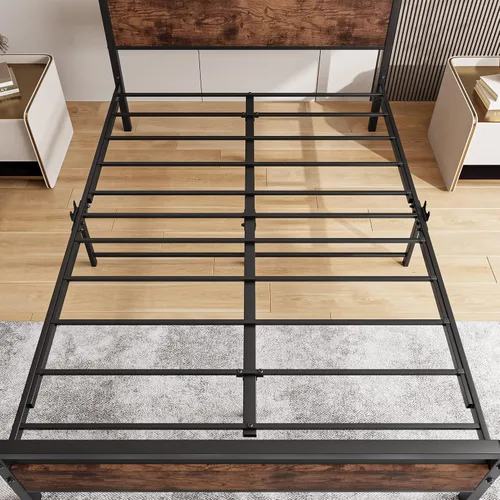 Miniatura 6 de HOJINLINERO Base de cama de tamaño matrimonial con cabecero, plataforma resistente, marco de cama de acero reforzado con plataforma de tubo Marrón