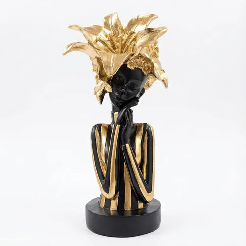 Miniatura 16 de Lescafita Escultura de mujer africana con tocado de flor dorada, figura de resina negra y dorada para decoración del hogar, elegante estatua de dama