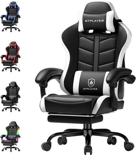 Miniatura 9 de GTPLAYER Silla de juegos para adultos, silla ergonómica para juegos de computadora con reposapiés, altura ajustable, reclinación de 90-155° y Blanco