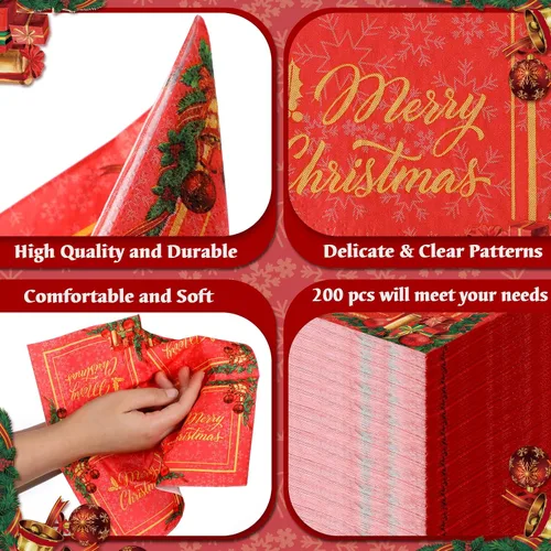 Miniatura 2 de 200 servilletas de papel de cóctel de Navidad, color rojo y dorado, desechables, servilletas de papel para bebidas navideñas para fiestas de postres