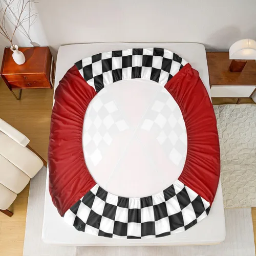 Miniatura 3 de Erosebridal Sábana bajera ajustable individual de bandera de coche de carreras para niños, sábanas de bandera de cuadrícula de búfalo blanco