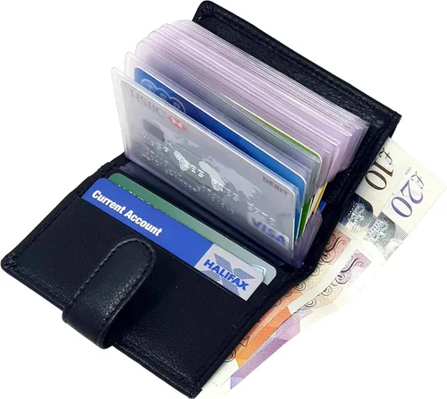 Miniatura 2 de RAS WALLETS Billetera de cuero para tarjetas de crédito para hombre, 20 bolsillos de plástico transparente, color negro con compartimento