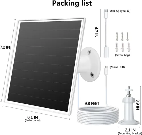 Miniatura 7 de Panel solar de 6W para cámara de seguridad al aire libre con micro USB y USB-C, cargador de panel solar para cámara de batería, se ajusta a