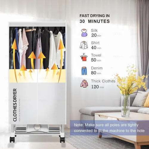Miniatura 4 de Secadora de ropa, secadora portátil con temporizador, armario de secado de ropa de 60 pulgadas con gran capacidad, secadora eléctrica/estante