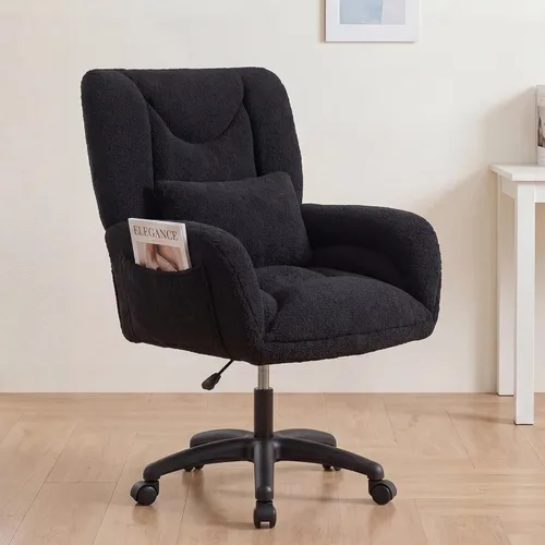 FOXHUNTER Silla de tocador con respaldo ergonómico y ruedas, silla giratoria de 360°, silla de oficina en casa de altura ajustable para sala de Negro