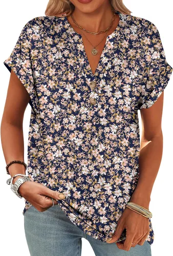 Miniatura 30 de ANRABESS - Camisetas Henley de manga corta para mujer, cuello en V, elegantes, estilo informal, de corte suelto; blusas fluidas de verano, ropa