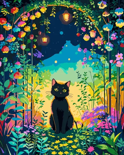 FILASLFT Pintura por Números Gato Negro, Pintura por Números para Adultos y Principiantes en Lienzo, Kits de Pintura al Óleo de Paisaje de Jardín de