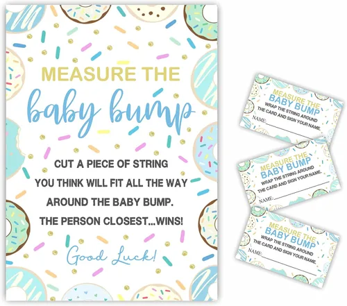 Measure The Baby Bump Juego Set para Baby Shower – Tema de donut How Big is Mommy's Belly Sign, 1 letrero de pie con 50 boletos, revelación de