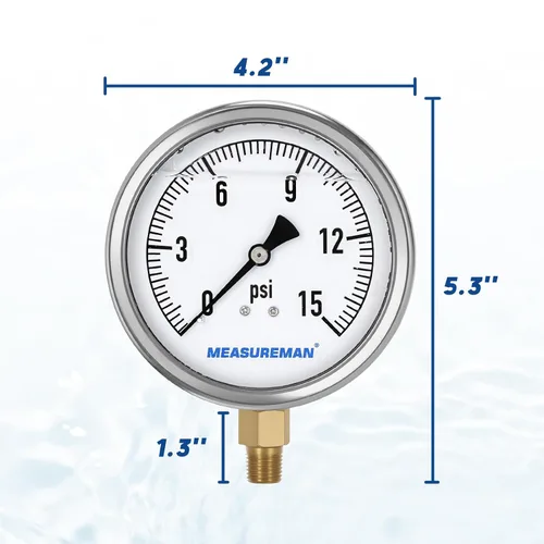 Miniatura 6 de MEASUREMAN Manómetro de plomería relleno de glicerina 0-15psi caja de acero inoxidable, esfera de 4 pulgadas, montaje inferior de latón NPT de 1/4