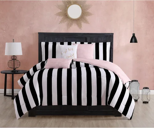 Miniatura 13 de Juego de edredón reversible de cuadros de Juicy Couture, juego de 5 piezas tamaño individual/individual XL, negro/rosa intenso