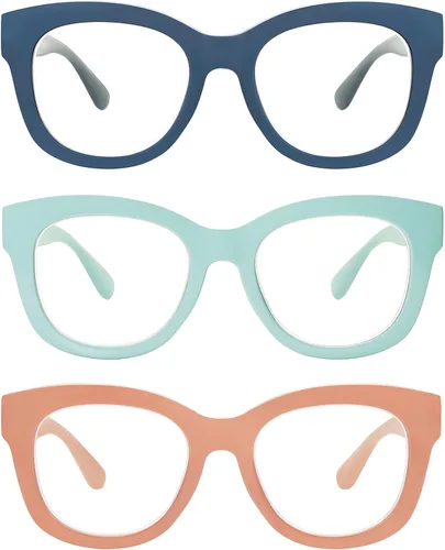 AMOMOMA Anteojos de lectura retro de gran tamaño para mujer, bloqueo de luz azul, lectores de computadora, bisagra de resorte AM6003 C7 azul+c8