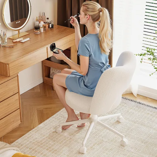 Miniatura 6 de DurayLoly Silla de Tocador con Ruedas Sin Brazos, Silla de Tocador Blanca con Respaldo, Silla de Escritorio Ultra-Suave de Felpa Linda, Silla