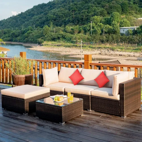 Miniatura 31 de Tangkula Patiojoy - Juego de muebles de ratán de 7 piezas, juego de conversación al aire libre con cojines y mesa de centro de vidrio templado