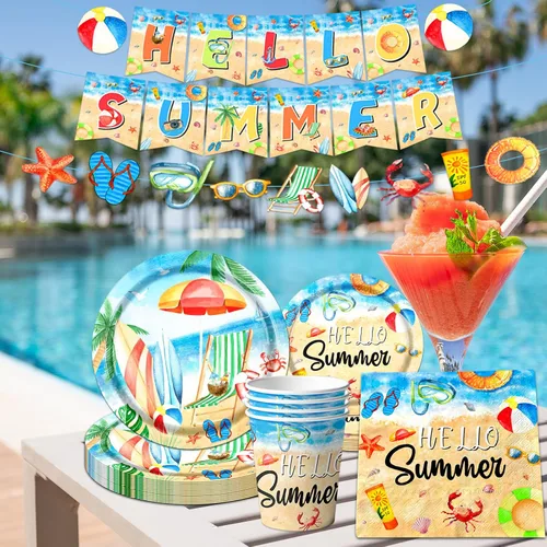 Miniatura 6 de Hola Decoraciones de Fiesta de Verano - Juego de 142 Piezas de Platos y Servilletas de Papel para Fiesta en la Playa y la Piscina, Vajilla Temática