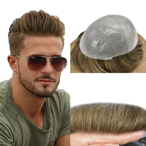 Miniatura 31 de Tupé para hombre, extensiones de cabello humano Remy para hombre, piel fina, 0.002 in, sistema de reemplazo de cabello con bucle en V para hombres