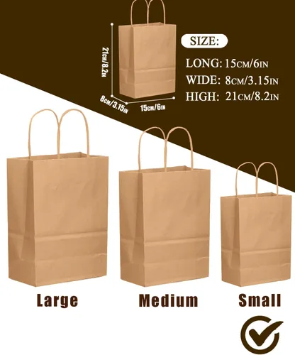 Miniatura 4 de qiqee Paquete de 100 bolsas de regalo de papel marrón con asas a granel de 8.26 x 6 x 3.15 pulgadas, bolsas de regalo de tamaño pequeño