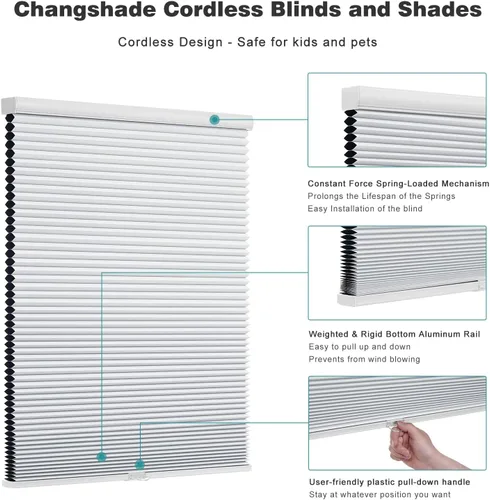 Miniatura 3 de Changshade CEL33WT72C - Persiana opaca sin cables, con el diámetro de panales de 1.5 pulgadas, para oscurecer la habitación, pantalla plisada