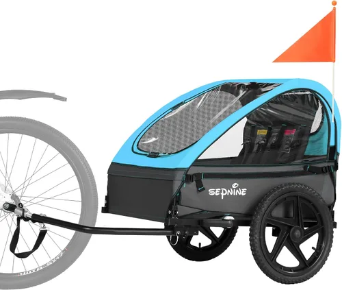 Miniatura 7 de Sepnine Remolque de bicicleta para niños, adecuado para 1 a 2 niños, 12 meses en adelante, fijación rápida a la bicicleta, plegable, con arnés de 5